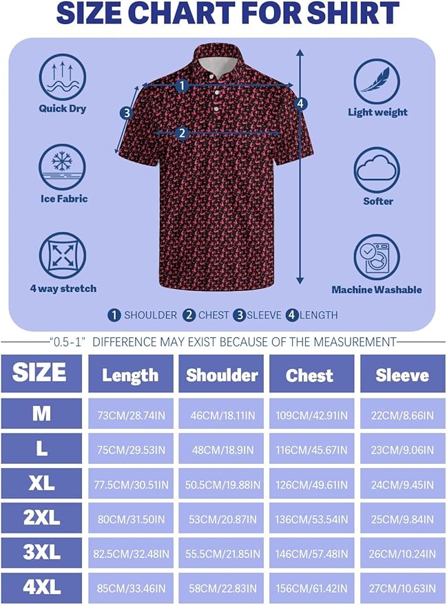 HUURAY Funny Golf Polos for Men Funny Print Short Sleeve Shirts Quick Dry Polo Shirts Hawaiian Shirt Performance Golf Outfits