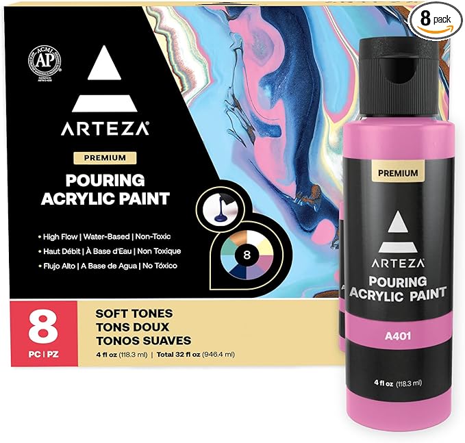 ARTEZA Acrylic Pouring Paint Set, 8 Pastel Colors, 4 oz Bottles, High-Flow Paint by ARTEZA