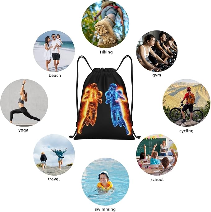 Football Drawstring Bags for Kids Teens Boys, Cool Sports Drawstring Backpack with Printed Two Playing Football Men Pattern, Black Casual Knapsack for Adults for Gym Hiking Swimming Beach Yoga, Medium