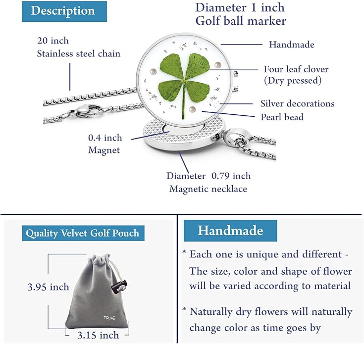 Golf Ball Marker necklace with ball marker, handmade pressed flower golf marker,Gifts Accessories Women Golfers