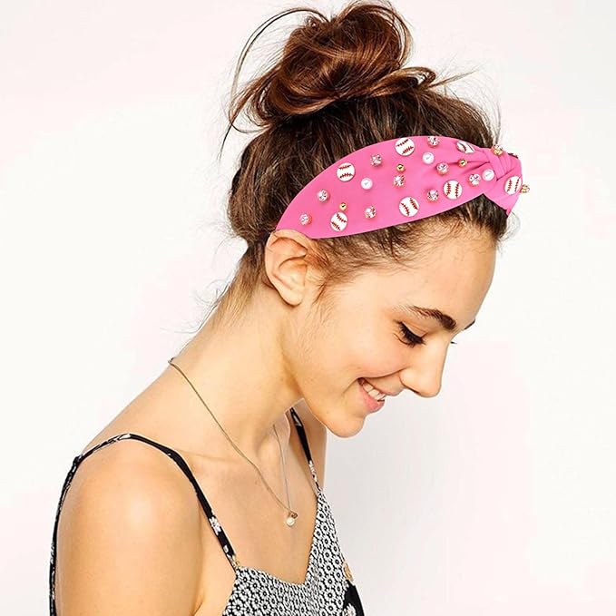 Baseball Headbands for Women Crystal Baseball Embellished Wide Top Knot Headband for Women Game Day Hair Accessories (Hot Pink)