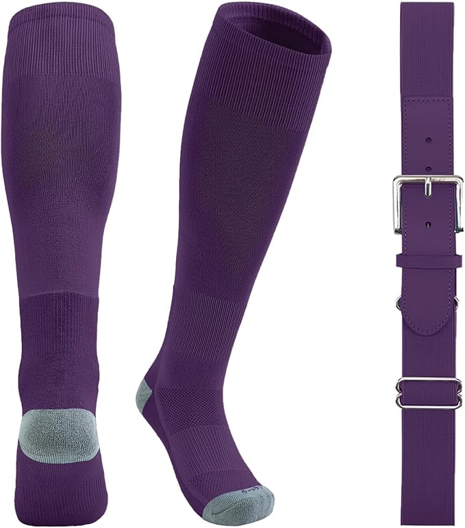 QBK Youth Baseball Socks & Belt Combo Set for Kids 2-16 Years -Softball/Tee Ball Accessories (1 Pair + 1 Belt, Unisex)