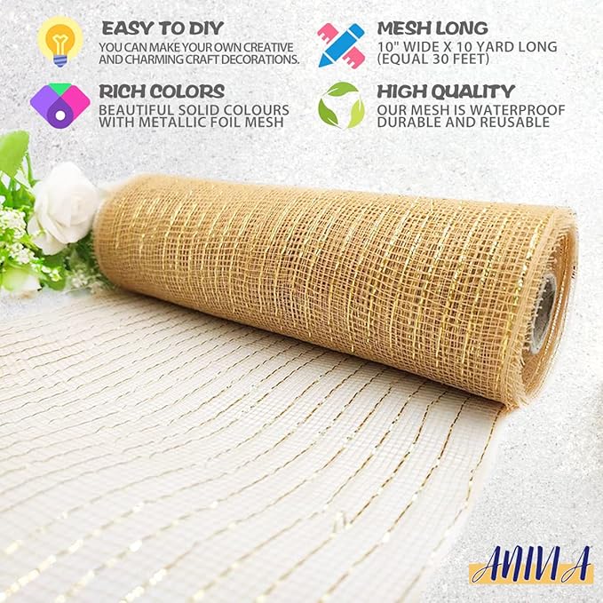 Anivia Deco Mesh Ribbon, 10inch x 30 Feet Each Roll Metallic Foil Mesh Ribbon - Image 3
