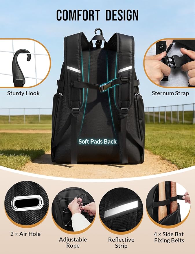 Baseball Backpack for Adult Large Capacity Softball Bat Bag with Shoe Compartment & Wet Pocket Baseball Bag with Fence Hook for 4 Bats & Equipment