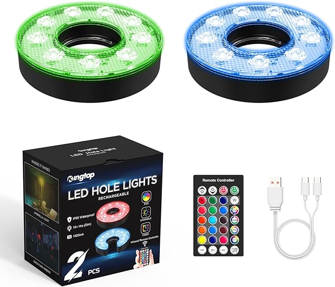 KINGTOP Rechargeable LED Golf Hole Light - Waterproof, Focused Illumination Lens, Remote-Controlled, Perfect for Backyard Night Golf Practice Putting Green Cup Lights, Camping, Outdoor Party