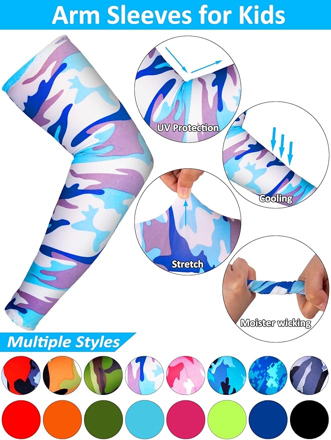 16 Pairs Sports Arm Sleeves for Kids Basketball Baseball Arm Sleeves UV Sun Protection Cooling Arm Cover Sleeve