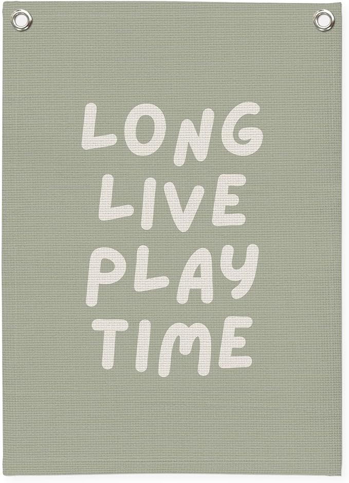 Playroom Decor, Long Live Playtime Wall Hanging Linen Banner, Sage Green by Unknown