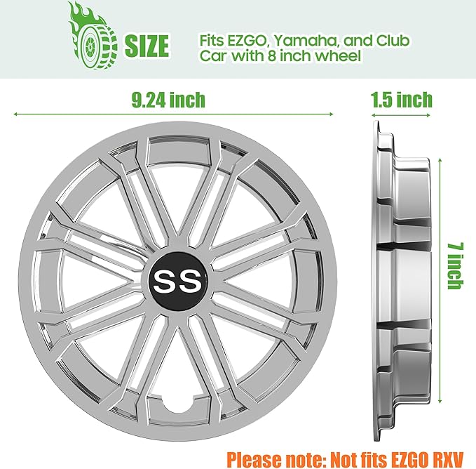 10L0L Golf Cart SS Wheel Covers Hub Caps for EZGO, Club Car, Yamaha - 8 Inch Snap-on Installation, New Chrome, Set of 4