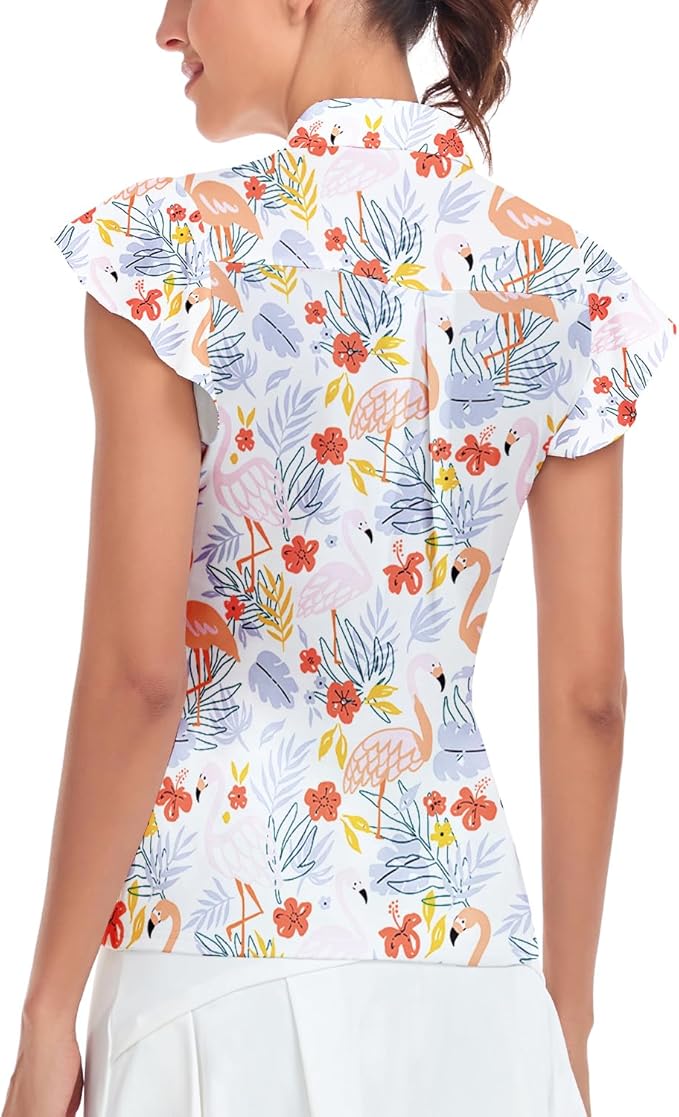Soneven Womens Petal Sleeve Golf Shirts Moisture Wicking Lady Golf Apparel Print Tennis Sport T Shirt