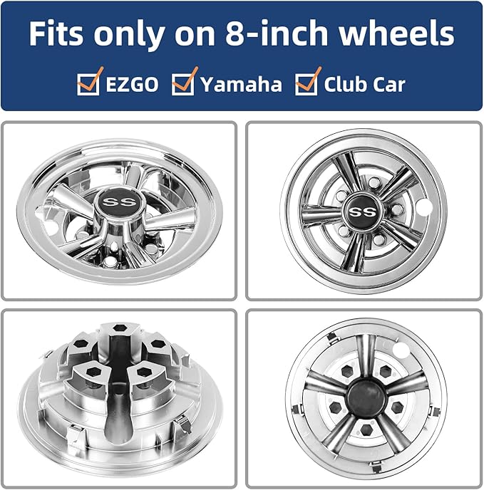NOKINS Golf Cart SS Wheel Covers Hub Caps for Most Golf Carts 8 inch(Set of 4)
