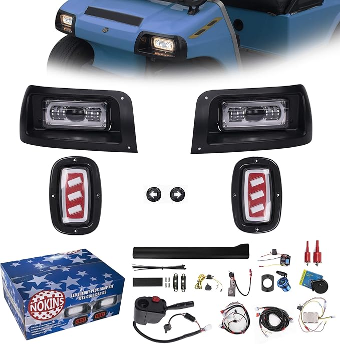 NOKINS Deluxe Plus LED Light Kit Fit Club Car DS 1993-UP Gas And Electric Golf Cart 20A DC Converter USB Charging Socket Low/High Beam DRL Delay Relay Brake Switch