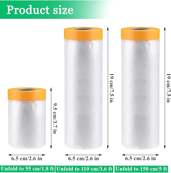 12 Pack Tape and Drape, 3 Sizes Pre-Taped Masking Film Plastic Sheeting Cover - Image 2