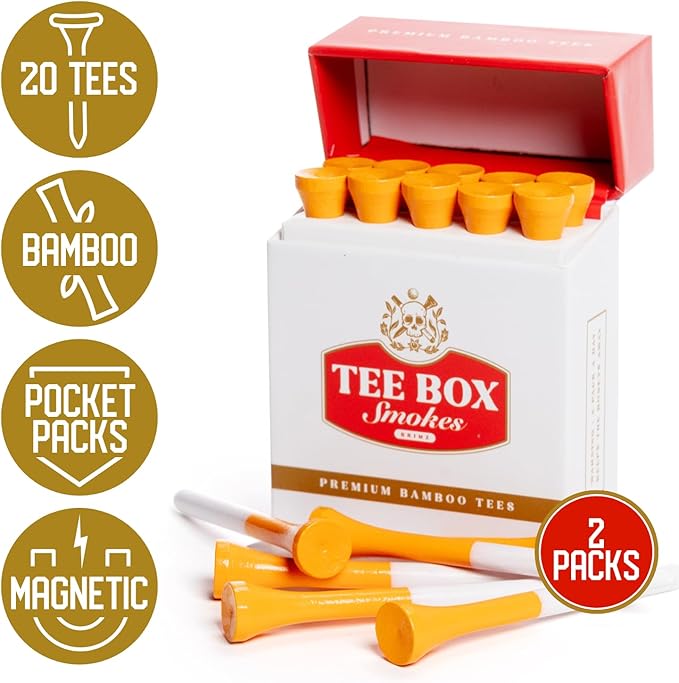 BRIMZ Tee Box Smokes Bamboo Golf Tees – Magnetic Reusable Tee Case – Funny Golf Gift & Golf Accessories – 20 Premium 2¾" Bamboo Tees (2 Pack - 20 Tees Total)