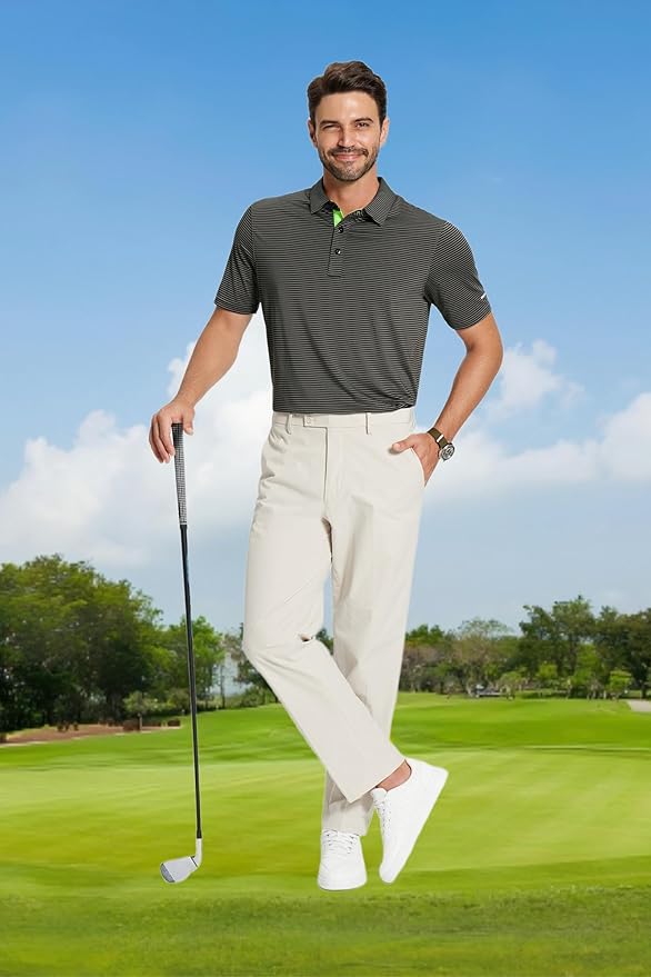 Golf Shirts for Men - Moisture Wicking Short Sleeve Performance Sport Casual Striped Collared Mens Polo Shirt