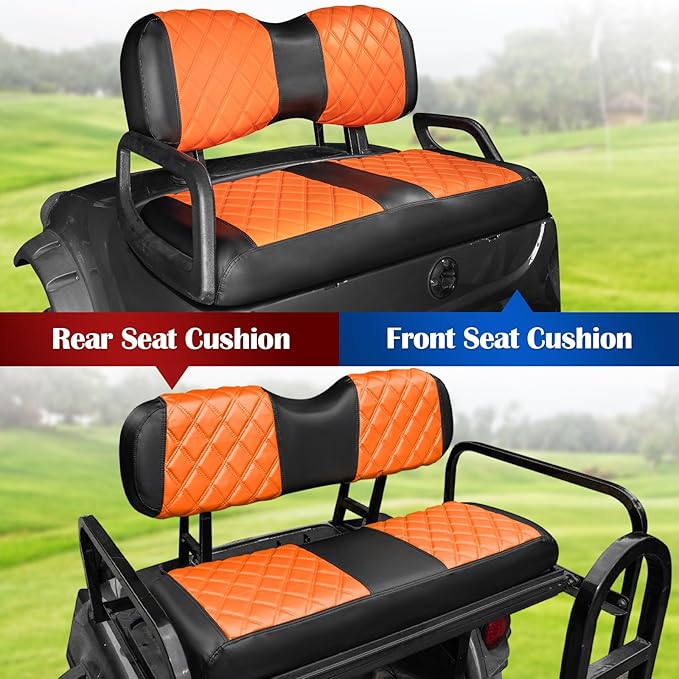 NOKINS 4PCS Golf Cart Diamond Seat Covers Kit,Front and Rear Seat Covers for Club Car Precedent/EZGO TXT/Yamaha Original Regular Seat Cushion (Orange and Black, Fit Yamaha Drive/Drive 2)