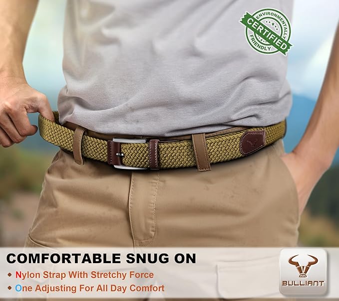 BULLIANT Belt for Men 2Pack,Mens Gift Stretch Braided Web Belt Elastic for Casual Golf Jeans,1 3/8"
