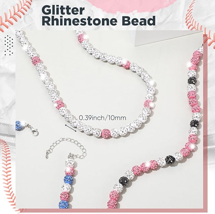 Landical 12 Pcs Bling Baseball Necklace Ice Beaded Baseball Necklace Cool Gifts Bulk for Team Players Lovers Fans