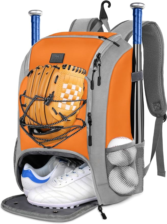 MATEIN Baseball Backpack, Softball Bat Bag with Shoes Compartment for Youth, Boys and Adult, Lightweight Baseball Bag with Fence Hook Hold TBall Bat, Batting Mitten, Helmet, Caps, Teeball Gear