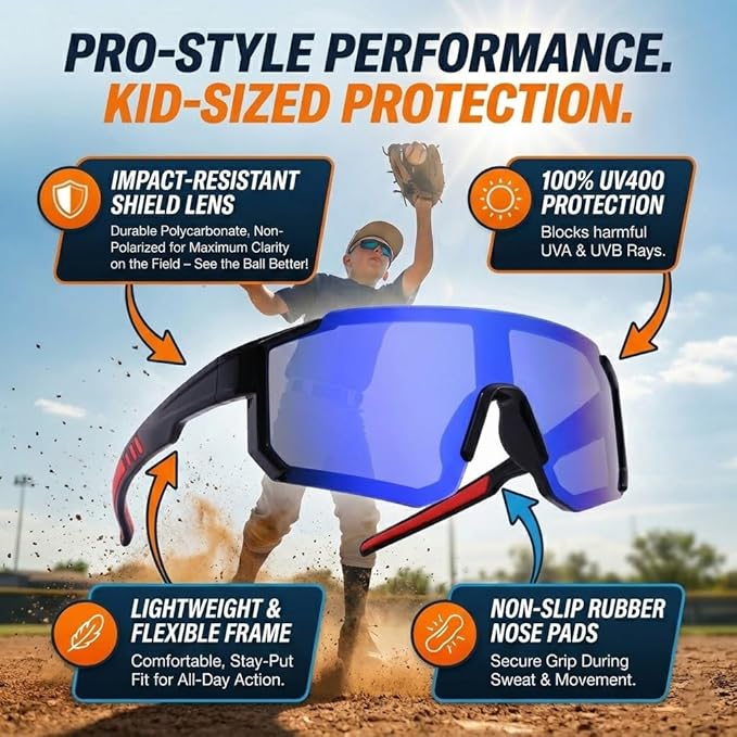 Kids Baseball Sunglasses - Youth Baseball Sunglasses for Toddler Boys Girls - Sports Softball Shades Age 3-10