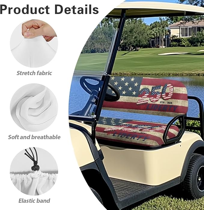 Yewatlles Retro 250th American Flag Universal Golf Cart Seat Cover Dress UP Golf Cart Durable Breathable Material Fit for Club Car, Easy to Install