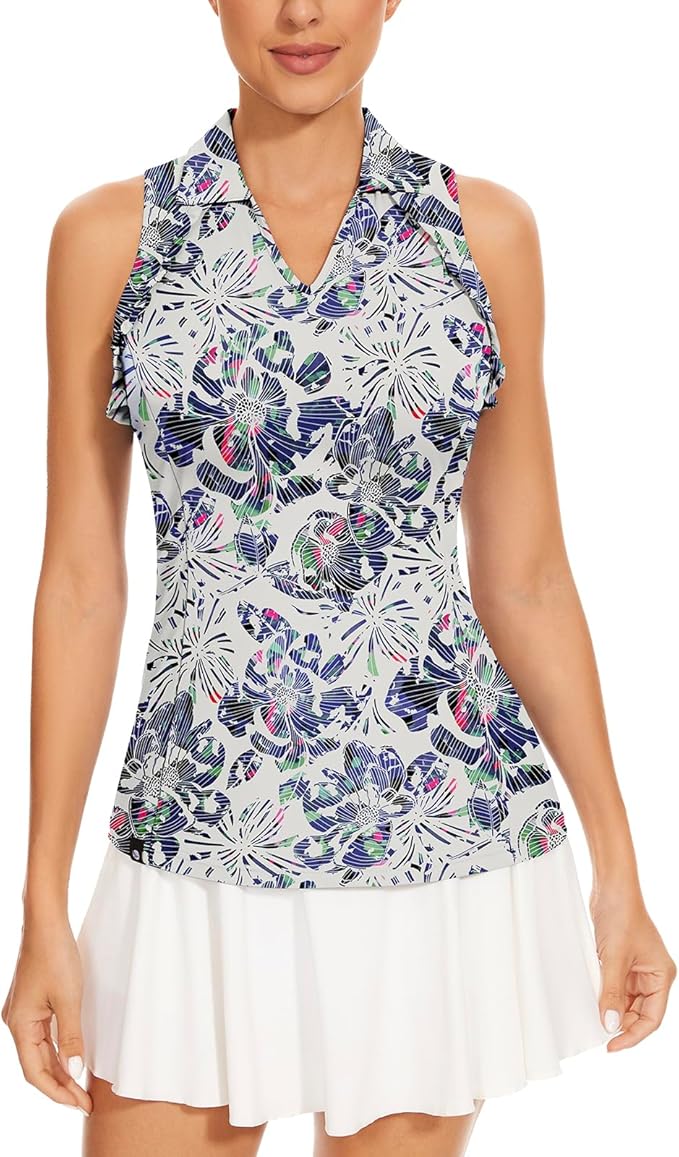 Soneven Womens Petal Sleeve Golf Shirts Moisture Wicking Lady Golf Apparel Print Tennis Sport T Shirt