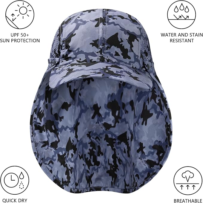 BASSDASH UPF 50+ Foldable Fishing Hat Baseball Cap with Removable Neck Flap Portable for Men Women Golf Hiking