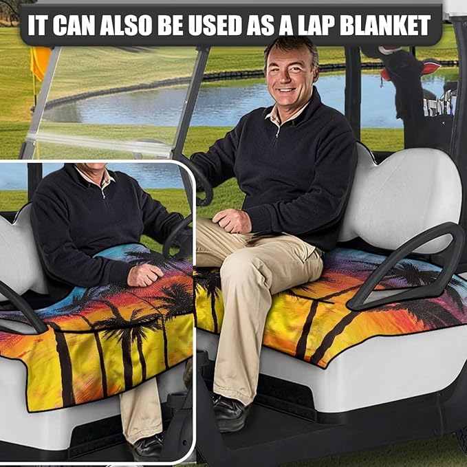 Golf Cart Seat Covers, Universal Golf Cart Seat Towel Blanket with 4 Front Pockets & Nonskid Bottom Fits for Club Car 2 Person Seats Golf Carts