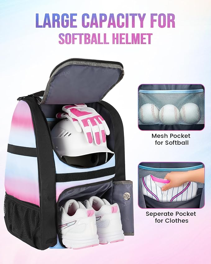 MATEIN Softball Bag, Lightweight Baseball Backpack with Shoe Compartment, Baseball Bag with Fence Hook for TBall Bat & Equipment, Softball Gifts Catchers Backpack for Women Fit Catcher’s Mitt, Helmet