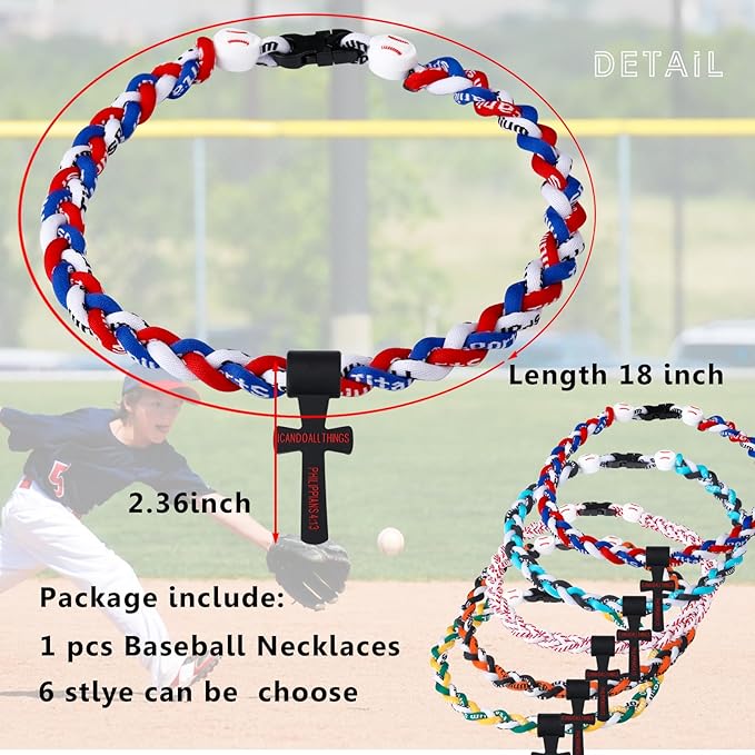 Baseball Necklace with Cross Pendant Fashion Three Braided Rope Tornado Design for Sports Fan Baseball Theme Party Gift Idea, 18 Inch