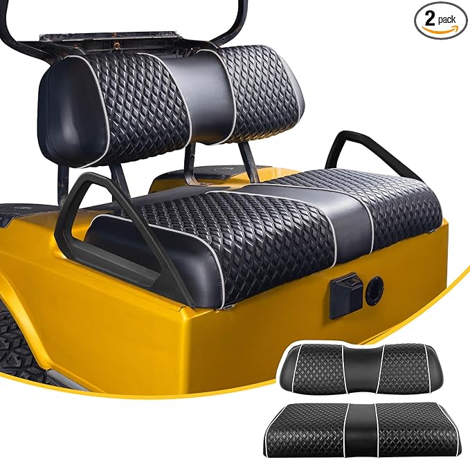 NOKINS Golf Cart Seat Covers Fit for Club Car DS 2000.5-Up OEM Standard Front Seat Cushion, Backrest Vinyl Litte Diamond Seat Covers, No Stapler Required (Black&White Piping)