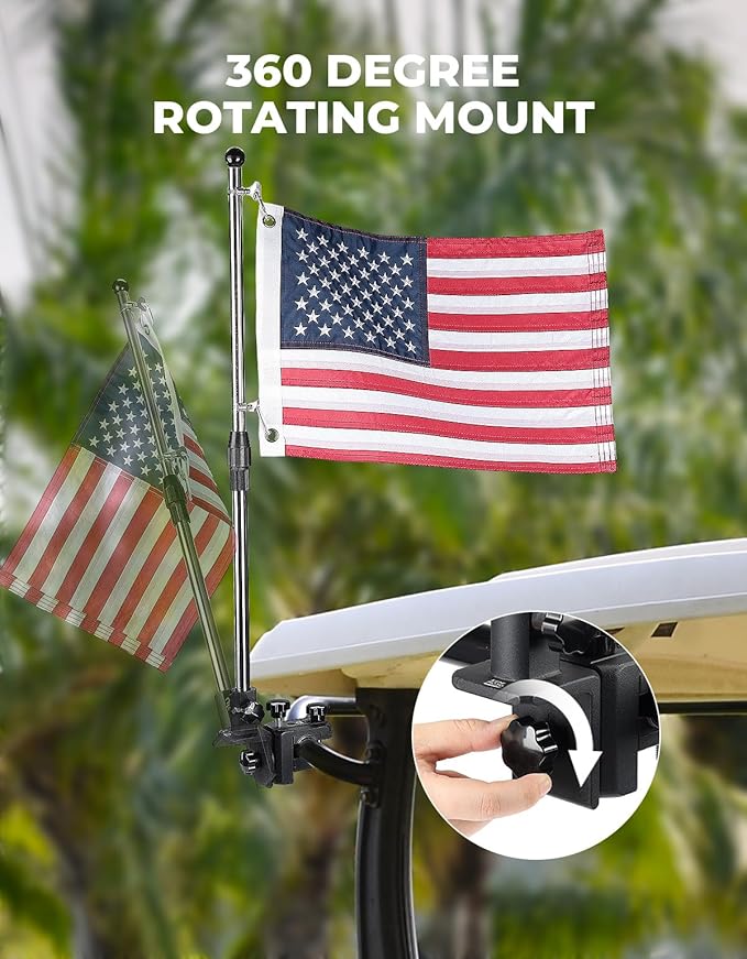 KEMIMOTO Golf Cart Flag Pole Kit, 360° Adjustable Golf Cart Flag Holder, Universal Fit for Golf Cart/Golf Push Cart/Boat, 2.5ft Flag Pole with USA Flag (12"×18"), for 0.8''-1.35'' Round/Square Rails
