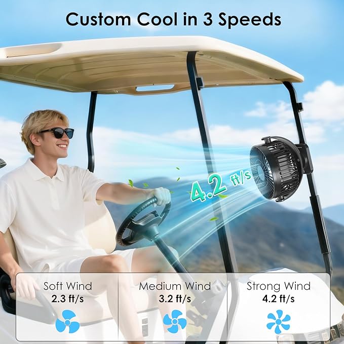 Minthouz Magnetic Golf Cart Fan, Rechargeable 12000mAh Fan, 3-Speed 360° Rotation, Timer Function, LED Lighting, Magnetic Base & Strap, Compatible with EZGO, Club Car, Yamaha Golf Carts