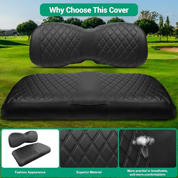 iLSKW Golf Cart Seat Cover for Yamaha G29 / Drive, Premium Marine Leather, Diamond Stripe with Black Stitching Soft Comfortable to Upgrade No Stapler