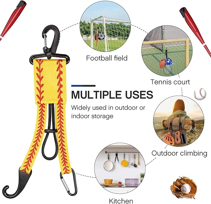 Deekin 2 Pcs Baseball Softball Gear Hanger 3 in 1 Dugout Organizer Bat Holder with Glove Clip and Helmet Hook for Fence Bag Water Bottle Hiking Camping (Softball)