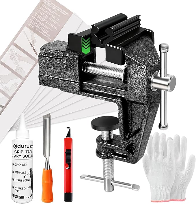Golf Grip Kit for Regripping Golf Clubs – All-in-One Golf Regripping Kit with Portable Table Vise Rubber Clamp, Hook Blade, Grip Tape, Solvent & Tools – Golf Grip Replacement Kit