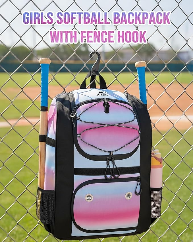MATEIN Softball Bag, Lightweight Baseball Backpack with Shoe Compartment, Baseball Bag with Fence Hook for TBall Bat & Equipment, Softball Gifts Catchers Backpack for Women Fit Catcher’s Mitt, Helmet