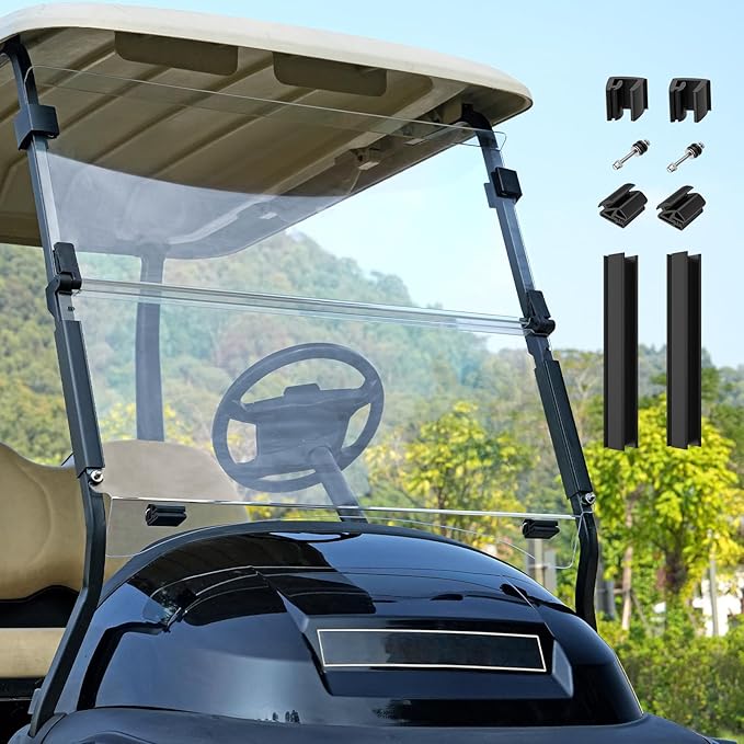 Golf Cart Windshield, Club Car Windshield with Windshield Clips Suitable for 2004-Up Club Car Precedent/Onward/Tempo Golf Carts, PC UV Resistant, Club Car Foldable Windshield Replacement