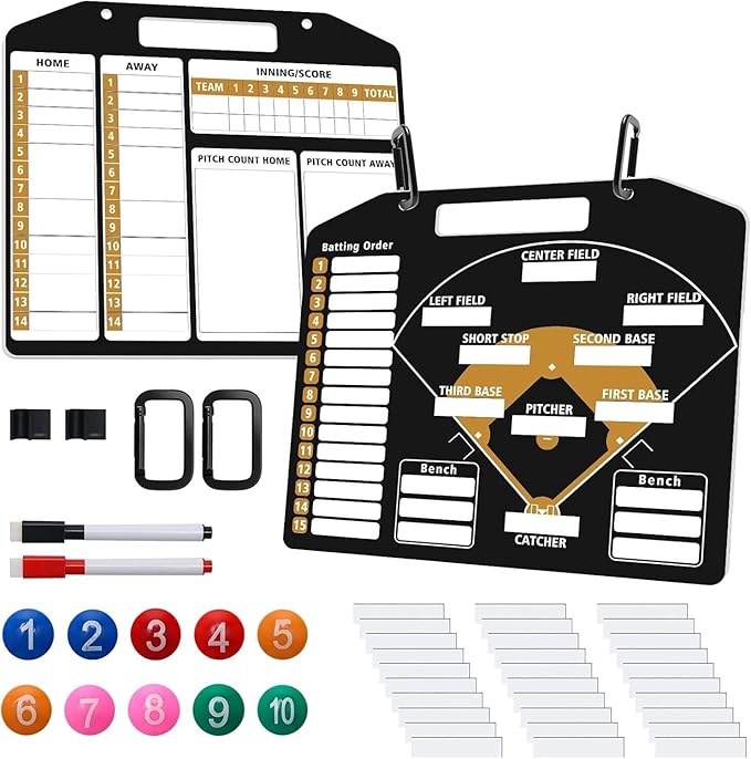 Magnetic Baseball Coach Clipboard, Anglecai Double-Sided Dry Erase Baseball Lineup Board for Softball Dugout Board Baseball Coaching Board with 30 Lineup Card/ 10 Magnet/2 Marker/2 Hook (Black)