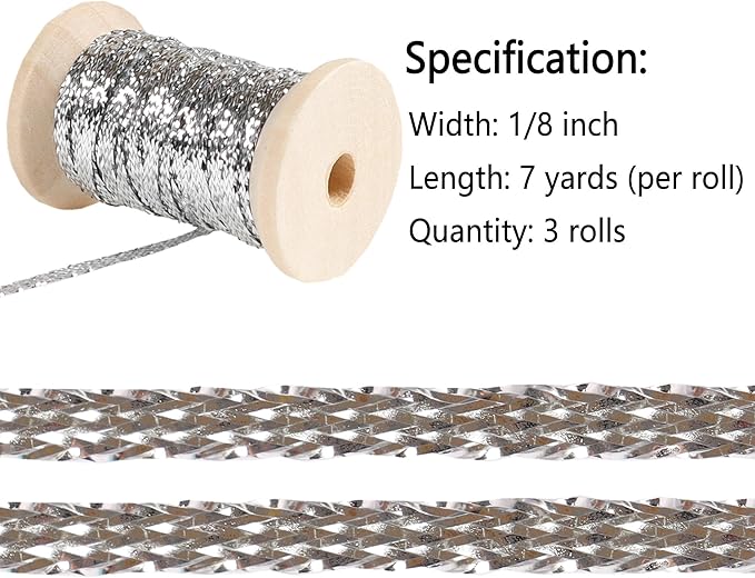 Silver Thin Ribbon 1/8 inchMetallic Braided Double Faced Ribbons Curling Ribbons - Image 2