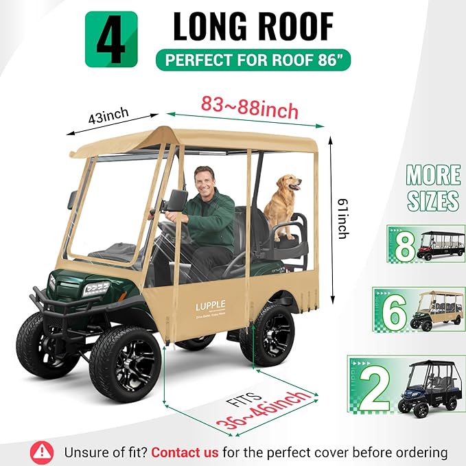 Golf Cart Enclosure 4 Passenger Extended Roof for EZGO/Club Car/Yamaha/ICON, Fits 2+2 Seater Model, 600D Waterproof Rain Cover with Clear PVC Windows and 4-Sided Roll-Up Zipper Doors