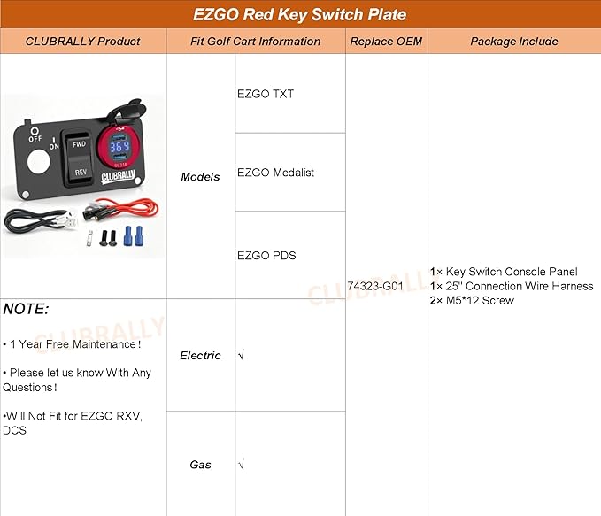 EZGO Key Switch Plate with Forward Reverse Switch, DC 9V-48V 3.1A Fast Charge Dual USB Charger, LED Digital Voltmeter, Fit Electric EZGO TXT, Medalist, PDS Golf Carts((Black/Red))