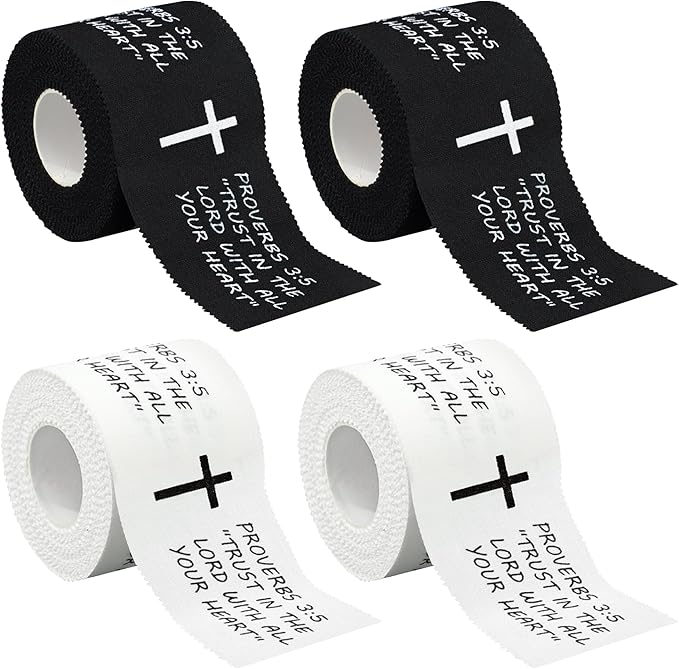 4 Pcs Christian Athletic Tapes 2in x 23ft Religious Bible Verse Sport Tape White Black Cross Athletic Wrist Tapes for Sports Gymnastics Football Baseball Tennis Boxing Athlete First Aid Injury Wrap