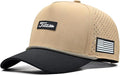 Curves & Clubs Titties Golf Hat – Tan Funny Golf Hat for Men, American Flag Patch, Adjustable Snapback, Breathable Mesh, One Size Fits All