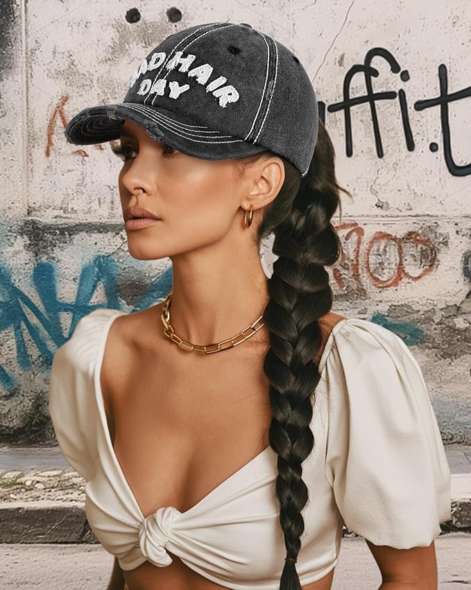 Flafens Women Pony Hats High Ponytail Baseball Caps - Cotton Vintage Washed Distressed Adjustable Criss Cross Trucker Hat