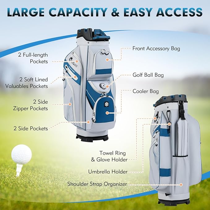 Tangkula Golf Cart Bag with 14-Way Full Length Dividers, 6 Molded Lock Top Golf Club Bag with 11 Pockets, Cooler Bag, Padded Strap, Handles, Umbrella Holder & Rain Hood