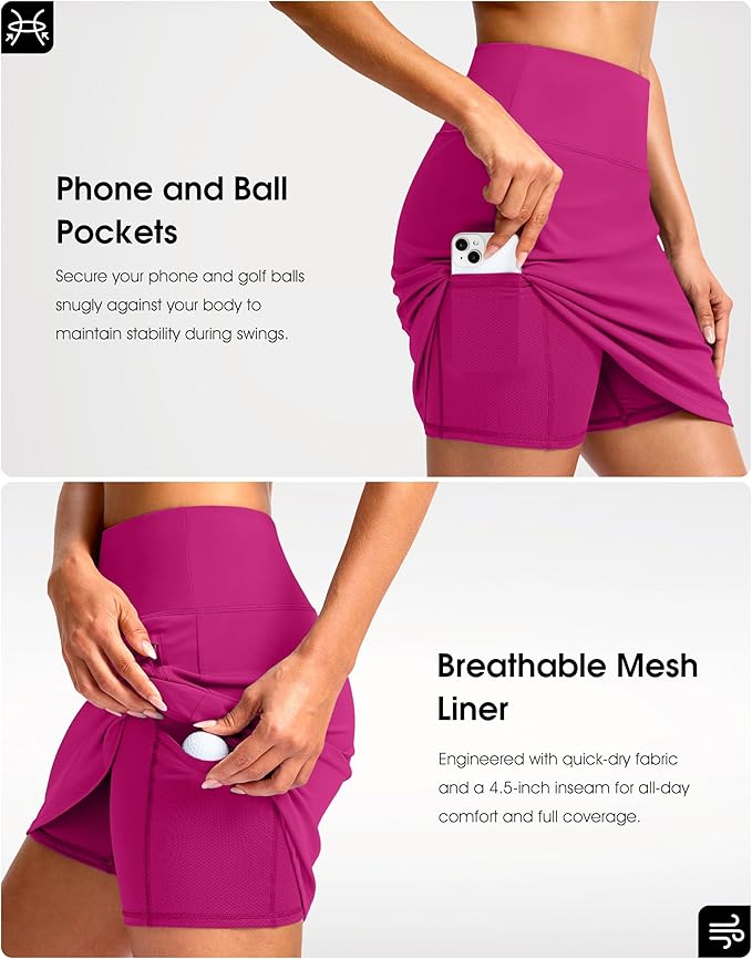 G Gradual 18" Golf Skirts for Women Zipper Pockets Mid Length Skort with Shorts Underneath High Waist Tennis Pickleball