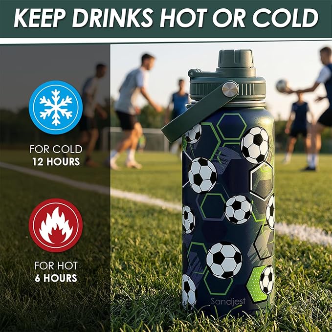 Soccer Water Bottle 32oz Stainless Steel, Travel Tumbler Vacuum Chug Lid Aesthetic Sport for Boys Men Friends Dad Brothers, Gifts for Fathers Day Birthday Christmas