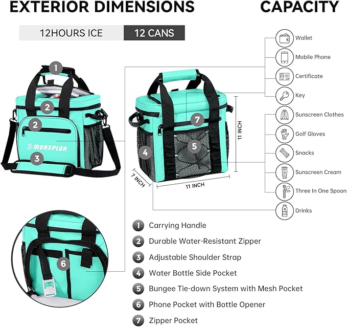 MORXPLOR Golf Cart Cooler with Magnetic Lid 12-Can Insulated Soft Cooler Bag Collapsible for Golf Cart,Golf Accessories,Lunch Camping Cooler Insulated Lunch Bag with Adjustable Shoulder Strap
