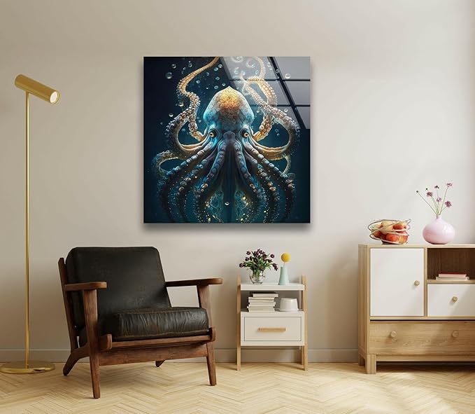 My Photostation.com Round 24'' Underwater Blue Octopus Glass Wall Art Tempered - Image 3