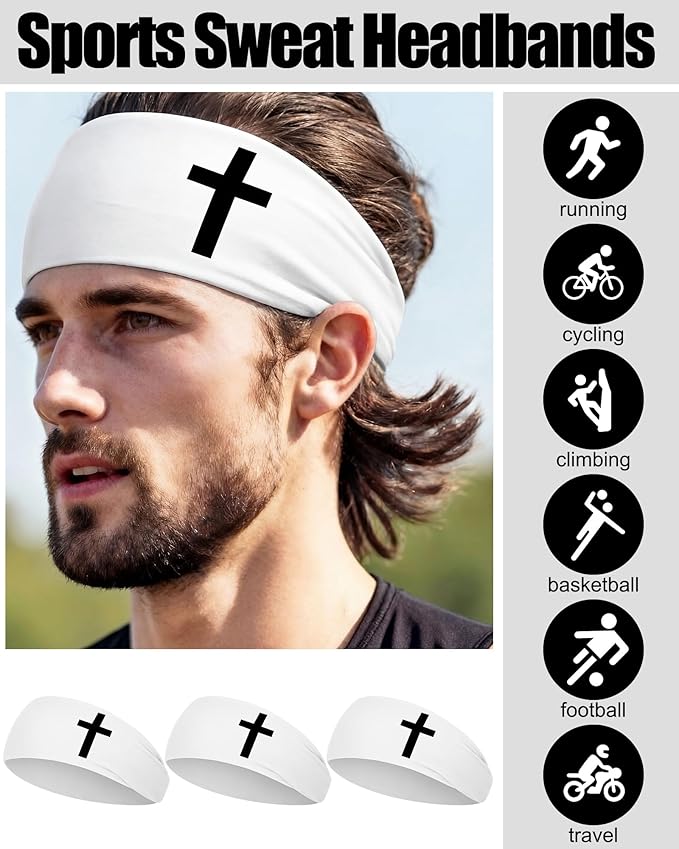 Shihanee 3 Pcs Christian Headbands for Men Jesus Cross Athletic Sweat Bands Christian Workout Accessories Moisture Wicking Sports Hairbands for Football Baseball Basketball Running Training